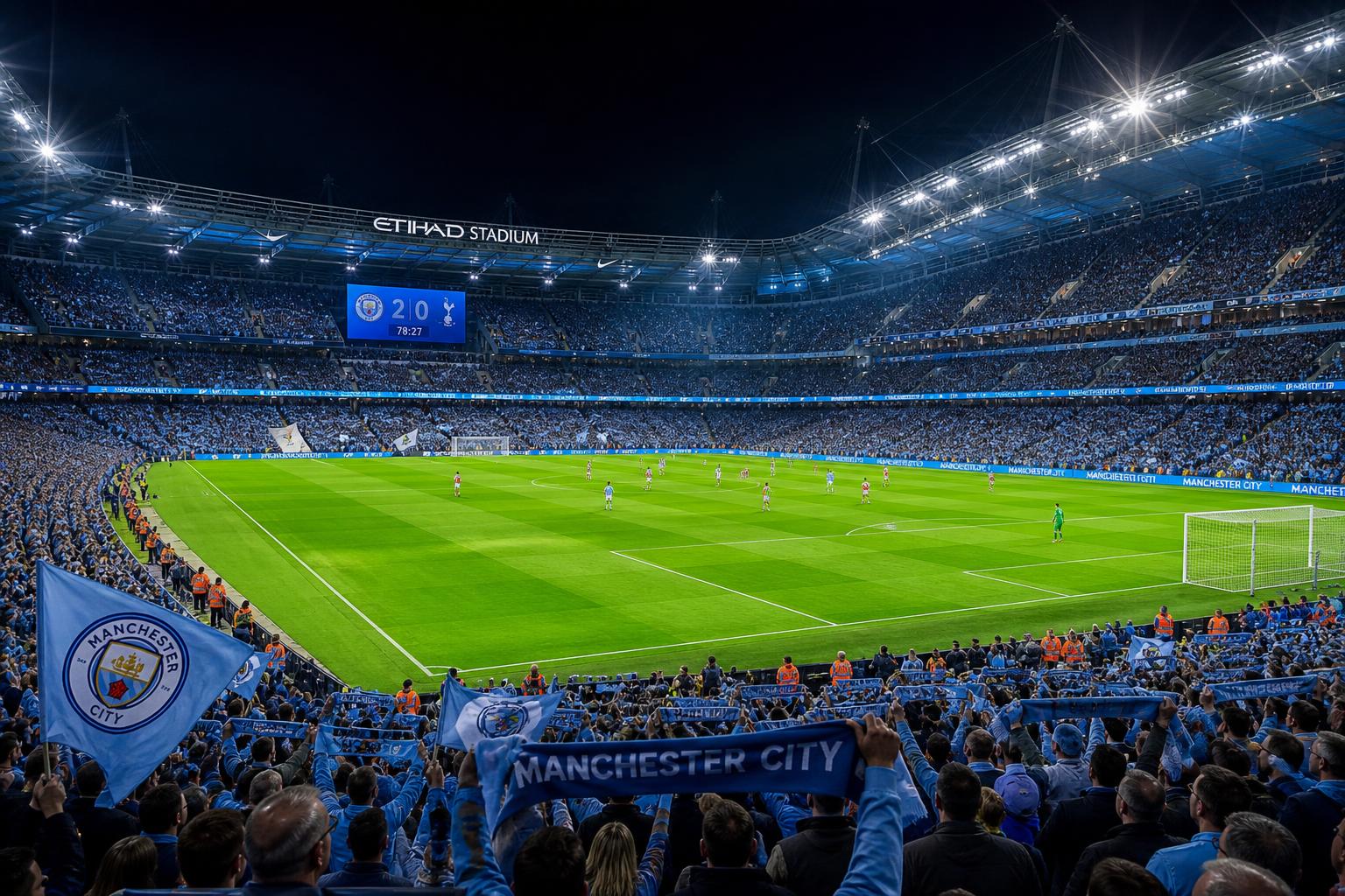 Stadion Liga Inggris di malam hari dengan lampu sorot menyala
